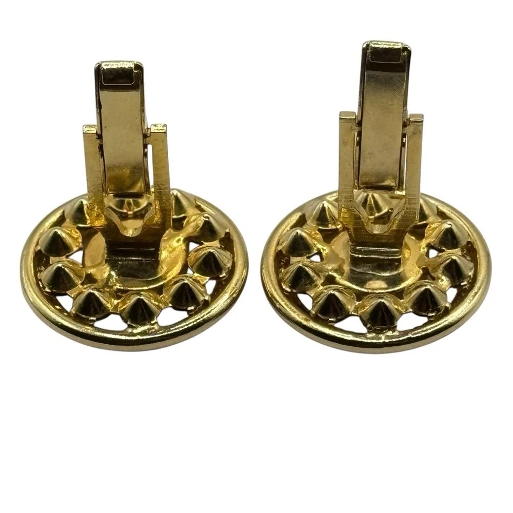Gold Tone Rhinestone Cufflinks Black‎ Center Round Vintage Rope Twist Design MCM